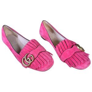 Gucci GG Marmont Pink Suede Fringe Loafers Flats Size EU 37 US 7
